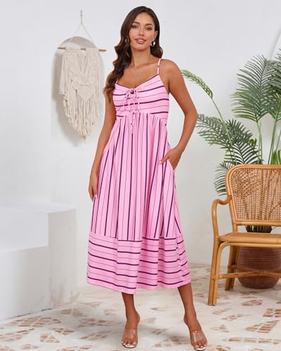 Image of Fashionme Womens Summer Maxi Dresses 2026 Trendy Striped Vacation Boho Beach Spaghetti Strap Sundress Back Tie with Pockets