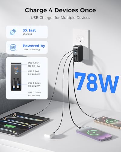 Image of SUPERONE 4 in 1 Retractable Wall Charger with Dual USB C Cables, 78W Fast Charging iPhone 17 Retractable USB C Charger with Dual Ports for iPhone 17 Pro Max /16 /15 /14 /13 /12, Pad, Galaxy, Pixel