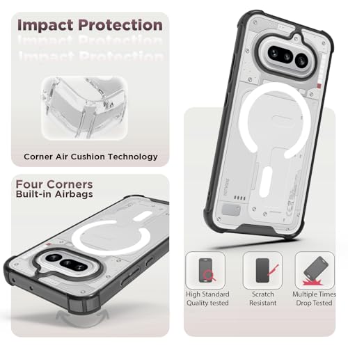 Image of RIGGEAR Shockproof Clear Hybrid Airbag Armor Magnetic Back Cover Case Compatible with MagSafe Accessories for Nothing Phone 4a 5G (Clear-Black TPU Bumper + Transparent PC)(White)