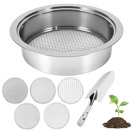 Kinberry 5 in 1 Gartensieb aus Edelstahl kompostsieb durchwurfsieb für Erde mit 5 austauschbare Siebeinsätze Ø 1,3,6,9,12 mm, 1 Handspaten für Erde Steine Kompost Sand usw