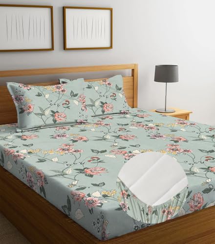 Image of la'amour Premium Cotton Elastic Fitted Bedsheets with 2 King Size Pillow Covers Double Bed with All Around Elastic Supersoft Size - 72 King Sizex78+10 inches pastle Green 200 tc - 220 tc