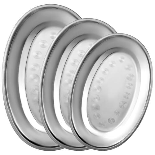 MAQUITA 3 Pcs Stainless Steel Serving Tray Large Oval Platter Set Oval Serving Set Heavy Duty Metal Serving Tray Large Mirror Polish Sizzle Plate 12 in 14 in 16 in