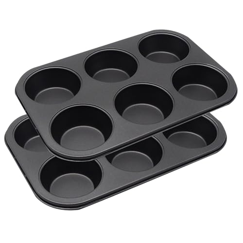 2 Packs Nonstick Round Muffin Baking Pan Tin, 6-Cup Muffin Tin, Cupcake Pans, Cheesecake Pans, Carbon Steel, Black