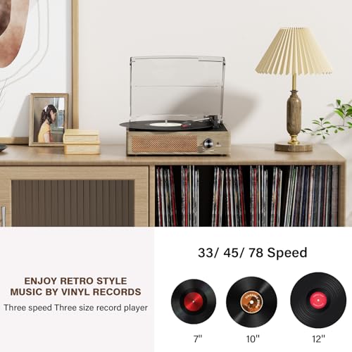 Image of Bluetooth Vinyl Record Player,3-Speed Turntable with Stereo Speakers Vintage Phonograph Record Player, with RCA Line Out AUX in Headphone Jack Grey Wood