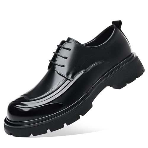 Men's Genuine Leather Platform Chunky Heel Oxfords Fashion Round Toe Slip On Lug Sole Business Dress Lace-Up Penny Loafers for Party Wedding Prom Work Shoes