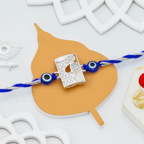Image of eCraftIndia Silver & Blue Evil Eye Rakhi for Brother with Gift Combo Set Hamper | Raksha Bandhan Rakhi for Bhai Bhaiya Bhabhi Kids Boy | Best Bro Ever Fridge Magnet | Roli Chawal Pack