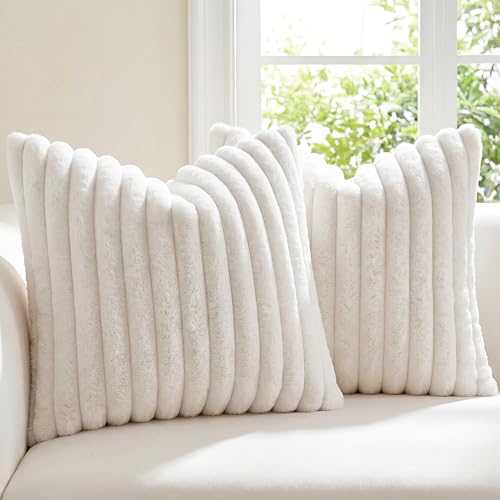 MOSAYT Faux Fur Pillow Covers 18x18 Set of 2, Ultra Soft Fluffy Striped Modern Farmhouse Style Throw Pillow Covers for Sofa Couch Bed, Cream White