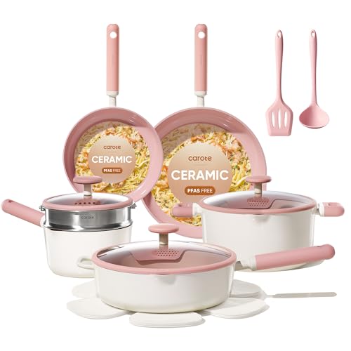 Image of CAROTE Ceramic Cookware Set Nonstick, 15pcs Pots and Pans Set Non stick, Non Toxic Cookware,Dishwasher,RV/Camping Cookware Set, Pan and Pot with Kitchen Utensils, Pink