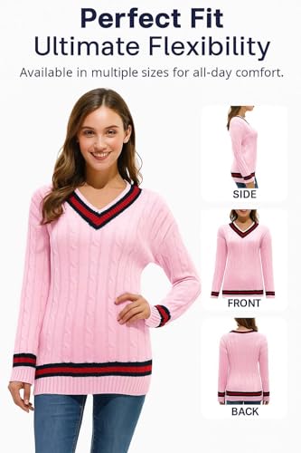 COMFYLOT & KK TRADERS MCR LTD® Ladies V Neck Cable Knitted Cricket Jumper - Womens Stretch Long Sleeve Stripe Top Sweatshirt (Pink, 12-14) - Image 6