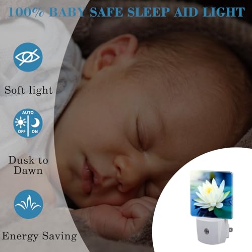 Image of Night Light Plug into Wall White Lotus Flowers Night Light with Dusk to Dawn Sensor for Kid Girls Boys Women Men Room Decor, Hallway, Kitchen, Bathroom, Nursery, Stairs
