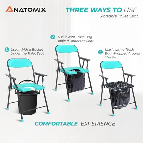 Image of ANATOMIX Folding Commode Chair - Stainless Steel Mobile Toilet Seat for Elderly, Disabled & Pregnant Women | Safe Shower & Bathing Stool | 100 Kg Capacity (Blue)