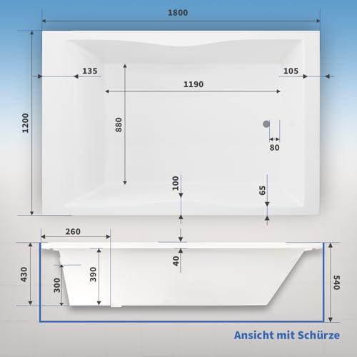 Aquade Acryl Badewanne 180x120 Modell: Hamburg - Weiß Badewanne Komplettset 180x120 - Badewannen Mit Wannenträger + Schürze + Wannenrandarmatur + Nackenkissen + Led – Bild 8