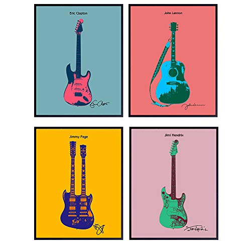 Warhol Style Rock Star Guitars Set - 8x10 Modern Pop Art Wall Decor Prints - Gift for Clapton, Lennon, Hendrix, Page Fans, Musicians, Guitarists, 60s, 70s, 80s Music - Contemporary Poster Pictures