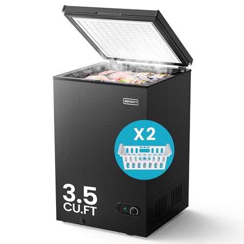 EUHOMY 3.5 Cu.Ft Chest Freezer with Removable Basket, Small Deep Freezer Adjustable 7 Thermostat, Quiet Mini Freezer Free-Standing Top Door, Energy Saving for Apartment/Garage/Basement/Dorm/Home,Black