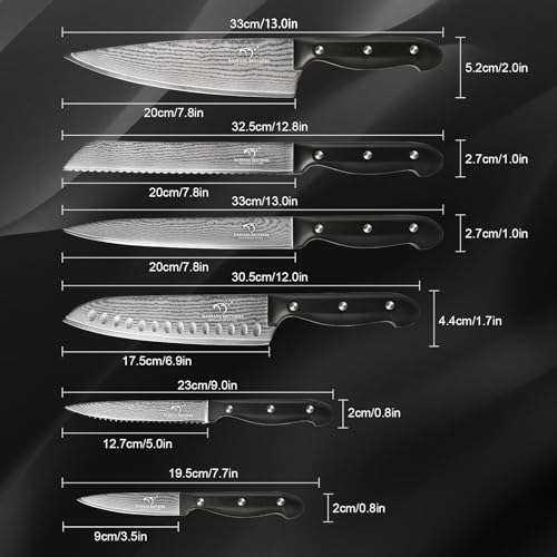 Image of NANFANG BROTHERS 9-Piece Damascus Kitchen Knife Set, 67-Layer VG10 Japanese Steel, Professional Chef Knives with Compact Wooden Block, Triple-Riveted Ergonomic Handles (Hand-Wash Only)
