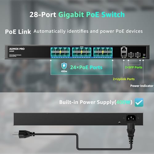 Image of 400W 28 Port Gigabit PoE Switch 24PoE 2SFP Rack Mount VLAN | IEEE 802.3af /at, Built-in Fan, Metal Housing,One Key VLAN, PoE Auto Recovery, Plug&Play For IP Camera & AP