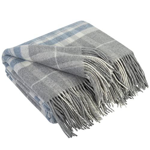 LYHome Kaschmir Decke mit Merino - Luxus Tagesdecke Kuscheldecke Wolldecke Sofadecke und Couchdecke, Sofa Wohndecke Plaid Überwurfdecke Sofaüberwurf, Couch Überwurf 140x200 cm, Grau - Hellblau Tartan