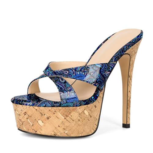 Image of Esvowido Heeled Mules for Women Cork Platform Stiletto Heels Slip on Open Toe High Heeled Sandals Crisscross Slippers Pumps Shoes