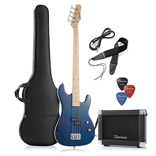 Davison Guitars Full Size Electric Bass Guitar with 15-Watt Amp, Blue - 4 String Right Handed Beginner Kit with Gig Bag and Accessories