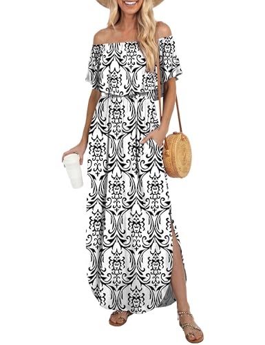 LILBETTER Womens Off The Shoulder Ruffle Party Dresses Side Split Beach Maxi Dress (White Wen,Medium)