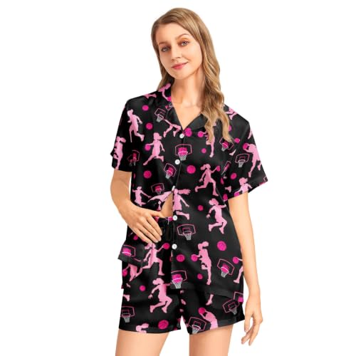 Image of Funny Pajamas for Women Set Print Satin Loungewear Pjs Short Sleeve Button Down Top and Shorts Sets Sleepwear XS-3XL