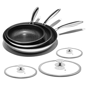 Nonstick Frying Pan Set – 8″ 10″ 12″ Titanium Ceramic Skillet with Lid, Stay-Cool Handle,PFAS, PTFE, PFOA-Free, Non-Toxic, Dishwasher & Oven Safe, Compatible with All Cooktops