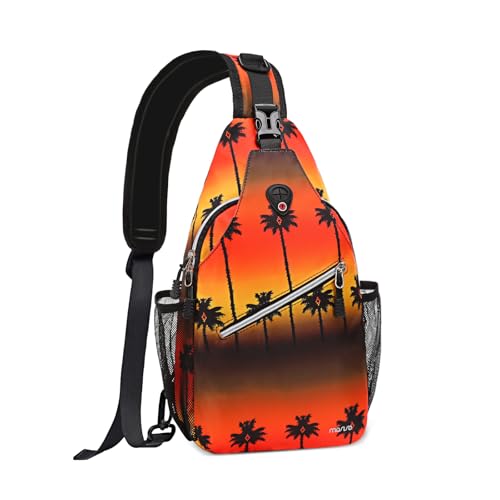 MOSISO Crossbody Sling Backpack, Portable Travel Hiking Daypack Chest Sling Bag Casual Daypack One Strap Chest Backpack for Women Men Outdoor Hiking Travel, Tropical Palm Tree