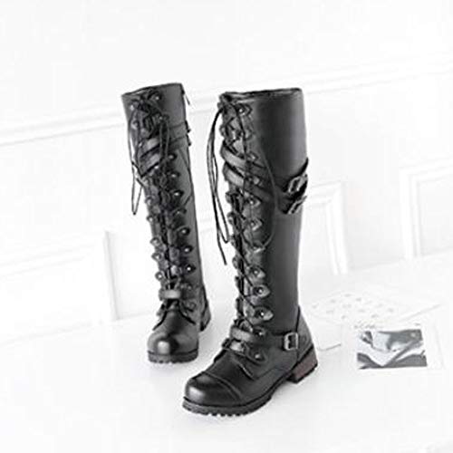 Hbeylia Women's Motorcycle Riding Boots Fashion Leather Metal Buckle Lace Up Knee High Chunky Heel Goth Combat Boots Gothic Punk Low Heel Military Over The Knee Winter Tall Boots For Women3