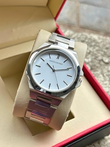 Image of AMERICANVIBER Dual Tone Stainless Steel Strap Men's Wrist Watches Classic Minimalist Bar Scale Dial Analog Wrist Watch for Men