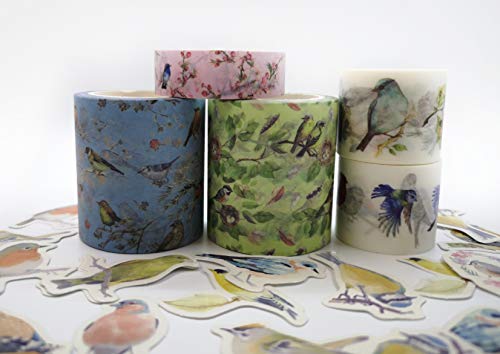Birds Theme washi Tapes (5 Rolls) and die Cut Sticker Collection. Extra Wide Tapes! for scrapbooks, Crafts, Decorating and DIY Greeting Cards