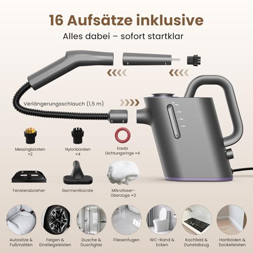 AbleMark Dampfreiniger Handgerät 550ML Tank,15s Schnellaufheizung Tragbarer Dampfreiniger mit 16 Zubehör,1500W Chemiefrei Handdampfreiniger für Küche, Bad, Fugen, Fenster, Auto & Polster