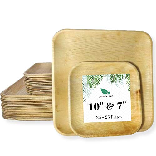 Charity Leaf Disposable Palm Leaf Plates like Bamboo Plates Square Set |All Natural and Biodegradable| Weddings, Charcuterie Boards, BBQs, and Parties | 10" Square (25 Plates) & 7" Square (25 Plates)
