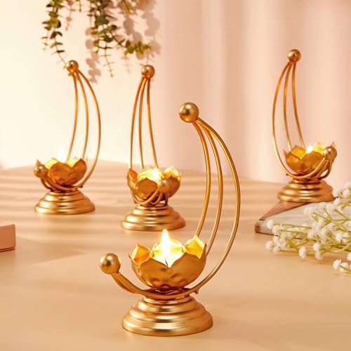 Image of Amazon Brand - Solimo Designer Metal Tealight Candle Holder for Home Decor & Gifting, Gold (Pack of 4) | Moon-Shaped Iron Frame | 12.5 x 6.5 x 15.5 cm Each