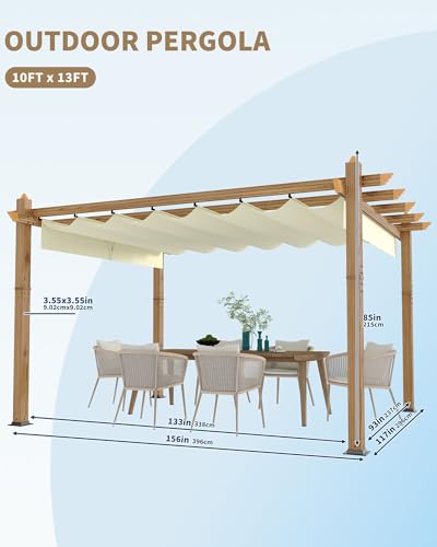 Image of KYBOLT 10x13 Ft Outdoor Pergola Faux Wood Grain Aluminum Gazebo with Retractable Canopy for Patio Modern Backyard Deck Porch Grape Trellis(Beige)