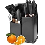 19-Piece Kitchen Utensils and Knife Set – Silicone Cooking Tools with 11 Utensils, 5 Knives, Scissors & Cutting Board for Home Kitchen Cooking (Black)