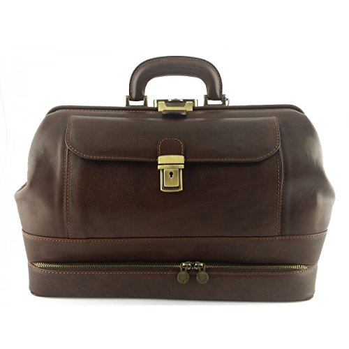 Echtes Leder Arzttasche, Doppelboden Und Frontale Fach – Pogo Farbe Dunkelbraun - Italienische Lederwaren - Aktentasche