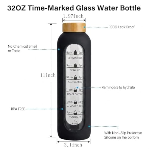 Image of Glass Water Bottle 1 Ltr with Silicone Sleeve, Borosilicate Glass, Leak-Proof Bamboo Lid, BPA-Free, Reusable, Time Marker for Gym, Office, Travel & Home (Black) (Black)