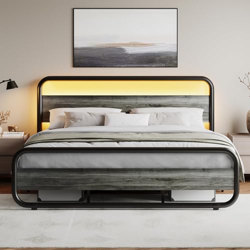 Image of King Size Bed Frame, Wood Headboard and Footboard, LED Lights, Grey | Metal Platform with Heavy Duty Metal Slats Support /12 in Under-Bed Storage /Noise-Free /No Box Spring Needed /Easy Assembly