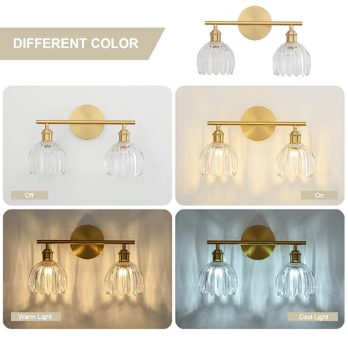 Image of Gold Bathroom Light Fixtures Over Mirror, 2 Light Bathroom Vanity Light with Tulip Transparent Glass Lampshade, Vintage Vanity Lights for Bathroom, Bathroom Vanity Lights Over Mirror