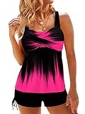 Minetom Tankini Damen Zweiteilig Badeanzug Push Up Bademoden Bauchweg Tankini Set Drucken Oberteile Und Badeshorts Badeanzug Beachwear Zweiteiler Mit Pads E Rosa XL