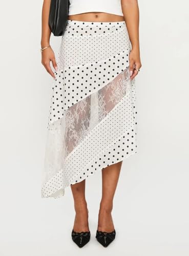Women Lace Patchwork Maxi Skirts Y2k Polka Dot Asymmetrical Hem Grunge Skirt Flowy High Waist Floral Satin Midi Skirt4