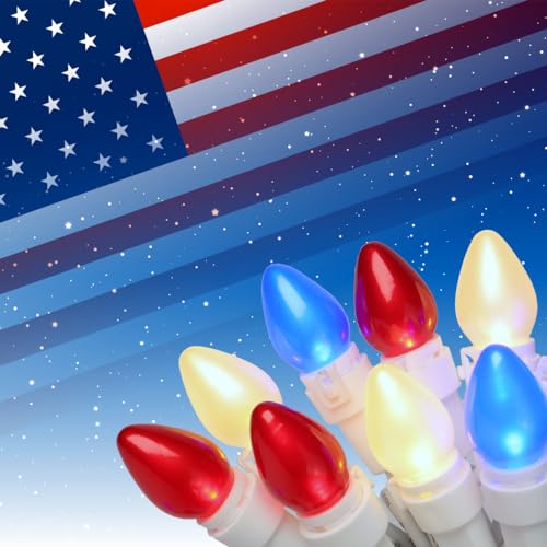 4th of July Lights, Red White Blue White Wire, C3 Glass 13.5 ft 50 LED Plug in Lights for Independence Day Celebration Party Memorial Day Patriotic Holidays Decor