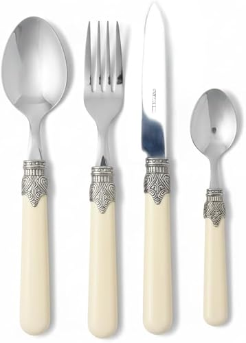MODALYSSA Set Posate 8 Pezzi per 2 persone, colore Avorio, Stile Classico ed Elegante, Shabby Chic e Vintage, Acciaio Inox 18/10, Made in Italy, Confezione Regalo.