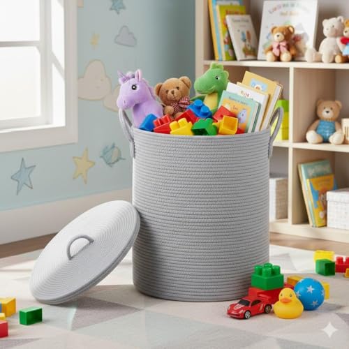 Image of lid Laundry Basket for Clothes, Toy Storage Basket, Storage Basket for Living room, Multi-Purpose, Extra Large Laundry Basket, Dirty Cloth Baskets, 15x20 in inch (LXH) (BG3)