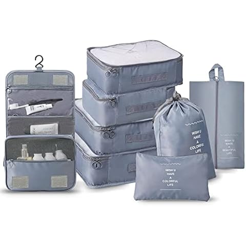 Packing Cubes, 8 Pcs Travel Storage Bags for Carry on Suitcase, Compression Packing Cubes with Large Toiletries Bag for Clothes Shoes Cosmetics Toiletries Cover