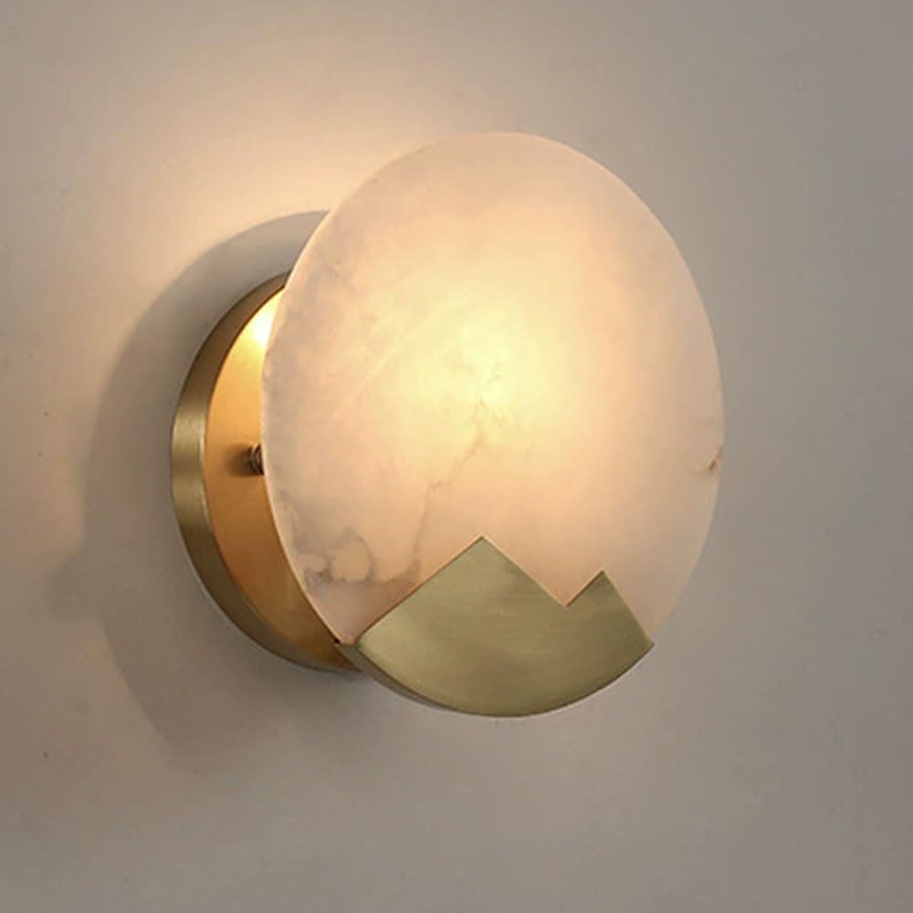 SSBHDM 7.8in Natural Alabaster Wall Lamp, Nordic Minimalist Style Round Wall Sconce, E14 Screw Marble Wall Light, Bedside Dressing Table Entryway Decorative Lighting Fixtures