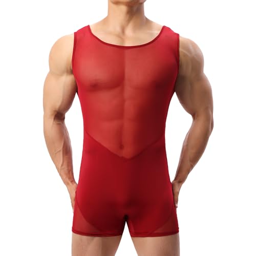 Men Mesh Bodysuits Boxers Patchwork Wrestling Singlet Shapewear Slip Sheer Slim Fits Active Jumpsuits Leotrad
