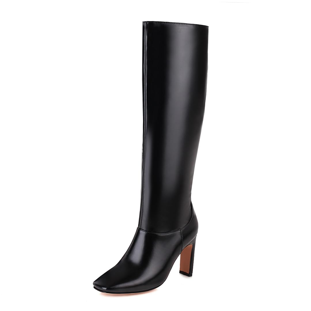 BEAUPAS Womens Knee High Boots Square Toe High Heel Tall Boots Chunky Block Heel