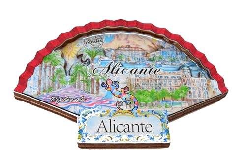 Abanico Alicante DE Madera - Imán de Nevera Abanico de Alicante, La Explanada de España, Recuerdo, Puerto de Alicante,