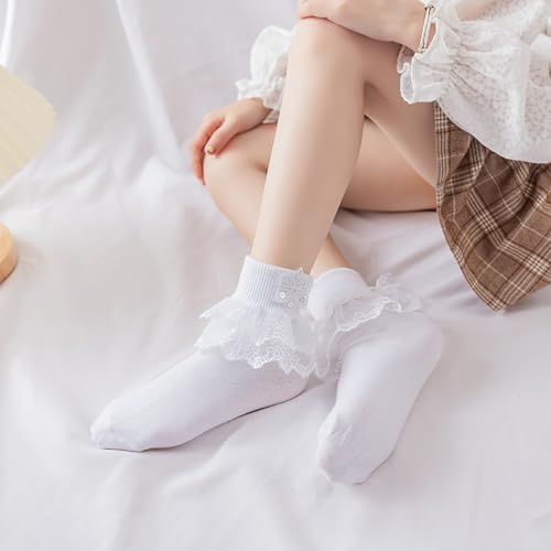 5 Pairs Kid Girls' Ruffle Lace Princess Socks Casual Comfy Frilly Ankle Dance Socks Cute Bowknot White Crew Dress Socks2